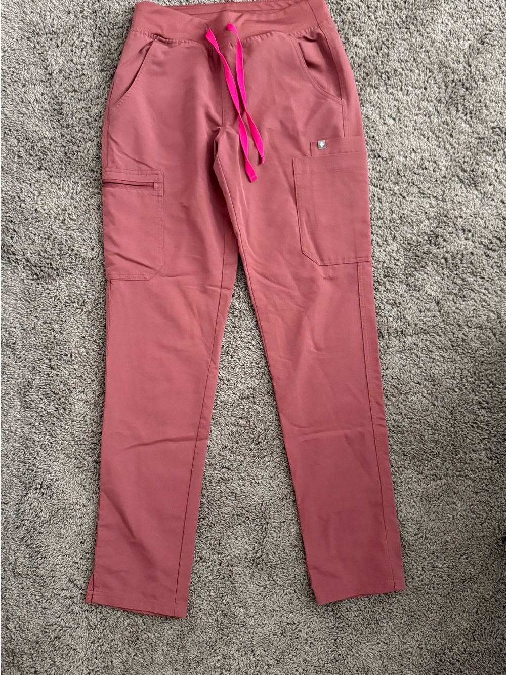 Figs Women's Rose Cargo Jogger Pants with Hot Pink Drawstring